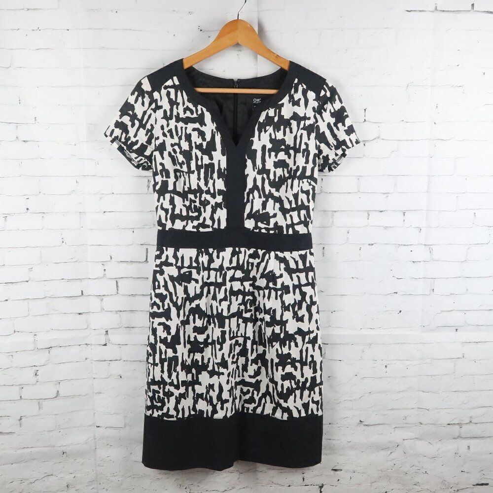 CHIC BY JACOB BLACK & WHITE DESIGN SHORT SLEEVE V NECK MIDI DRESS SIZE XS